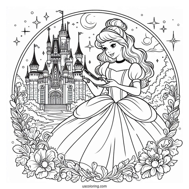 Princess Coloring Page Of Cinderella Outside Of Castle Holding Glass Slipper