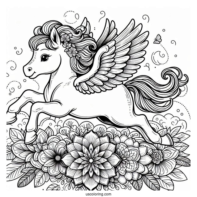 Baby Pegasus Coloring Page Leaping Over Flower Mandala