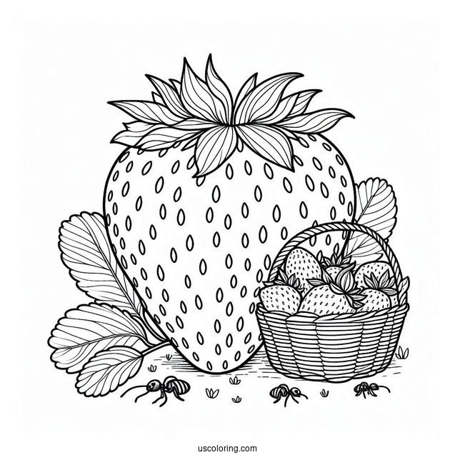 Giant Strawberry Coloring Page Beside A Basket With Ants