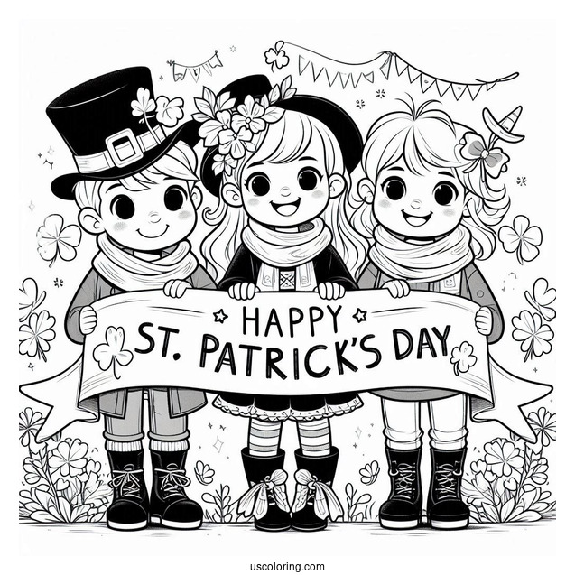 Three Children Holding Up A St. Patrick's Day Coloring Page Banner