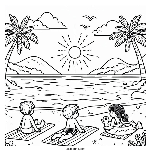 Kids Swimming At The Beach Coloring Page