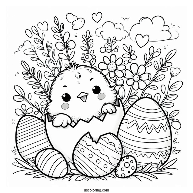 Easter Coloring Page Of Cute Chick Hatching From Easter Egg For Preschoolers