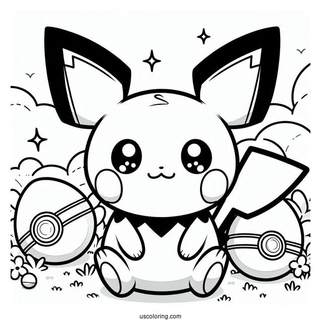 Kawaii Pichu Coloring Page With Pokeballs In The Background