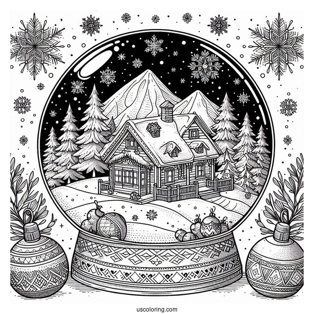 Snow Globe With Cottage In Winter Christmas Mandala Coloring Page