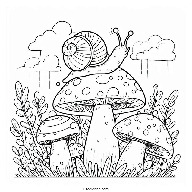 Snail Crawling On Top Of A Mushroom Coloring Page For Preschoolers