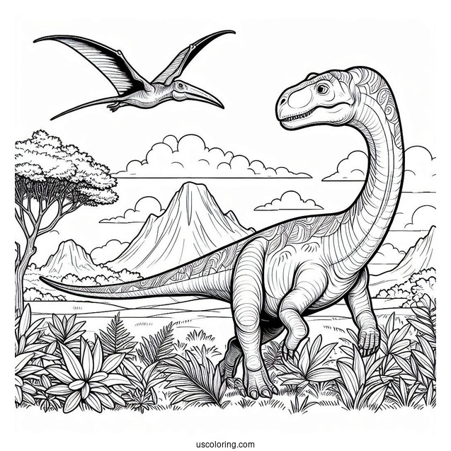Parasaurolophus Coloring Page With Pterodactyl In The Background