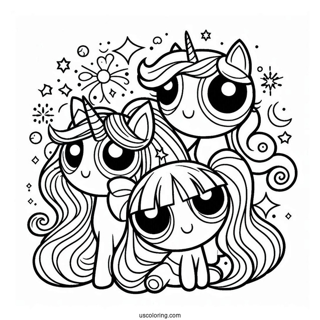 Unicorn And Powerpuff Girls Coloring Page