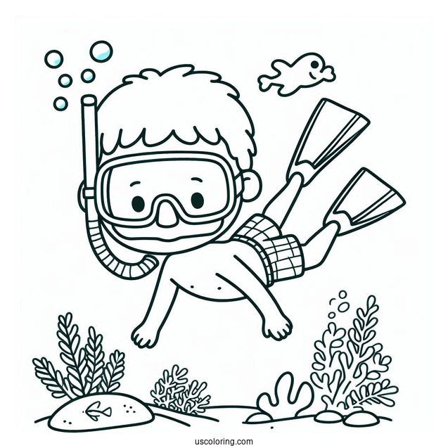 Simple Little Boy Swimming Coloring Page With Snorkeling Gear For Kids