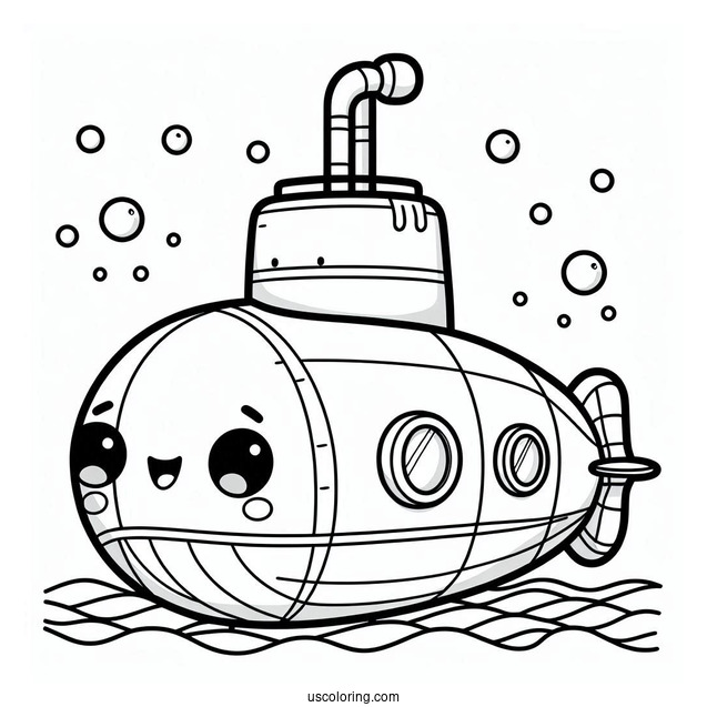 Kawaii Cartoon Submarine Coloring Page For Preschoolers