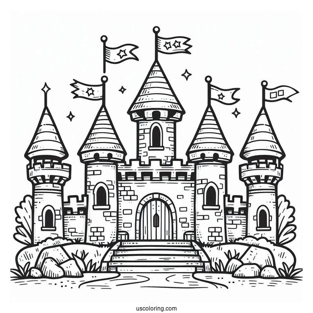 Easy Castle Coloring Page With Flags For Preschoolers