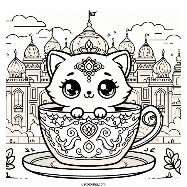 Palace Pets Coloring Page Of Kawaii Teacup In Front Of Palace For Kids