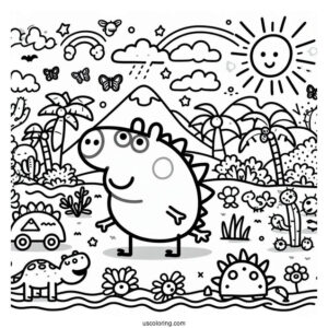 Dinosaur Themed Peppa Pig Coloring Page
