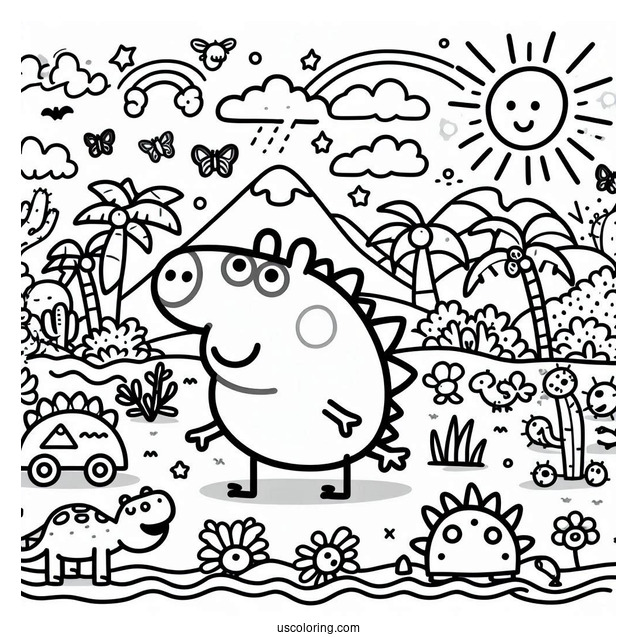 Dinosaur Themed Peppa Pig Coloring Page