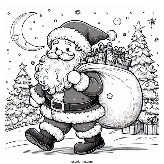 Santa Walking With His Sack Of Presents