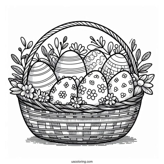 Easter Coloring Page Of Simple Easter Eggs In A Large Basket For Kids