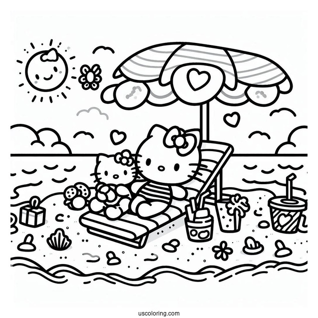 Hello Kitty And Friends Lounging At The Beach Coloring Page