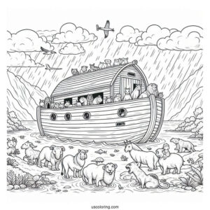 Noah's Ark Coloring Page Of Animals On The Ark During The Flood
