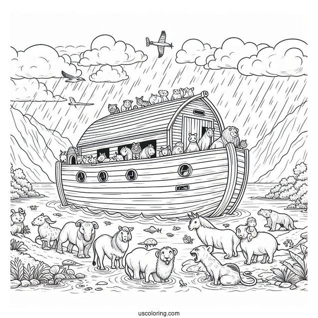 Noah's Ark Coloring Page Of Animals On The Ark During The Flood