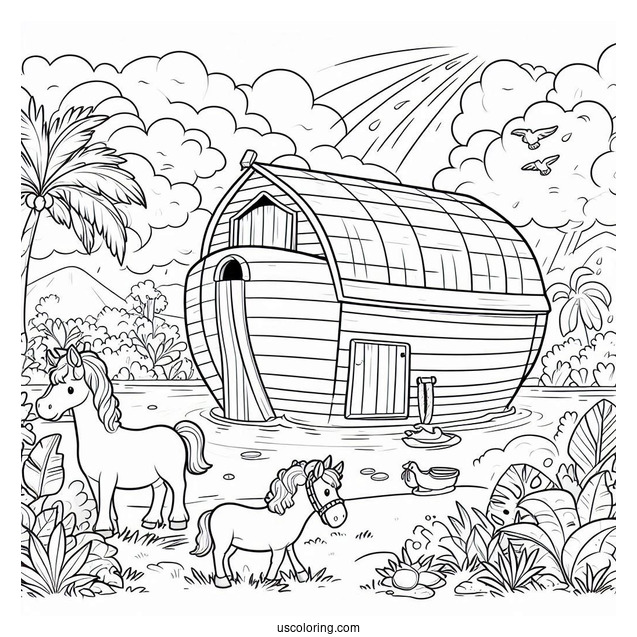 Cute Cartoon Noah's Ark Coloring Page For Kids