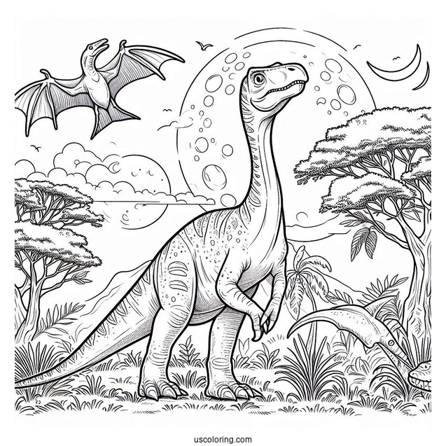 Parasaurolophus Coloring Page With Pterodactyl In The Background