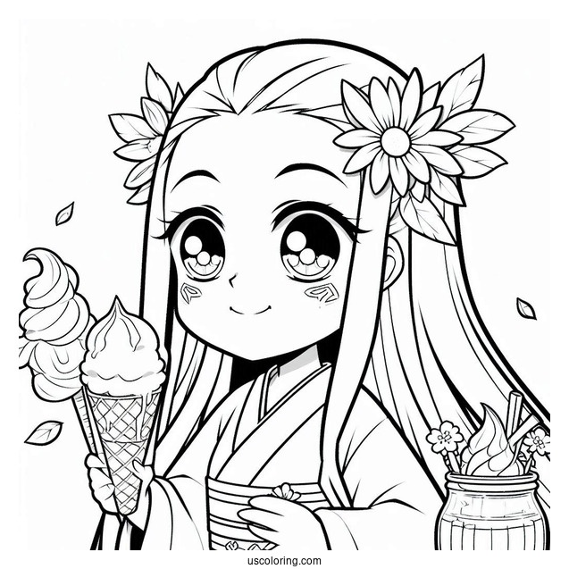 Modern Nezuko Coloring Page And Zenitsu Having Ice Cream