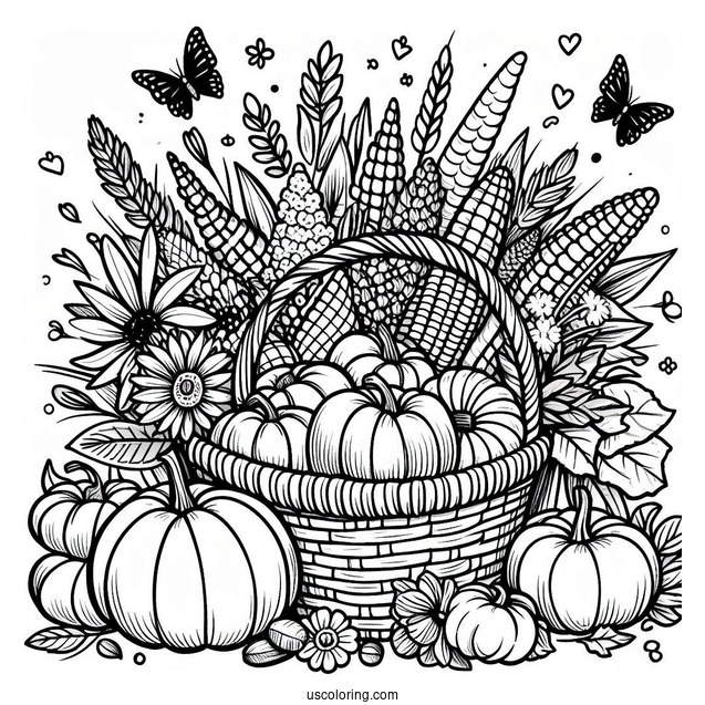 Pilgrim Coloring Page Of Cornucopia Filled With Pumpkins, Flowers, And Other Harvest