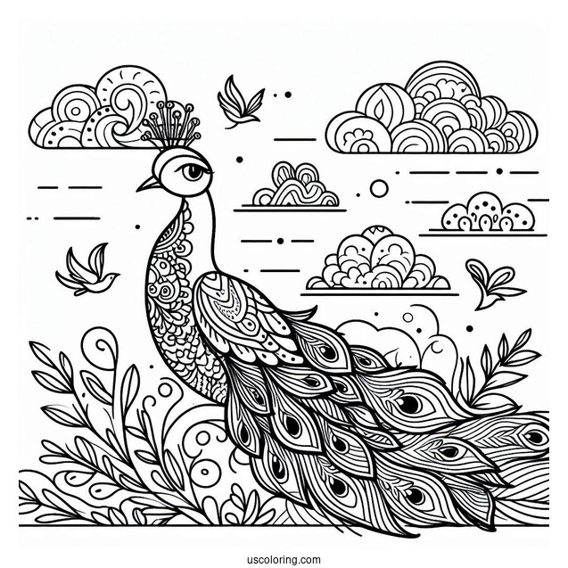 Peacock Coloring Page and Bird Under Cloudy Sky For Kids
