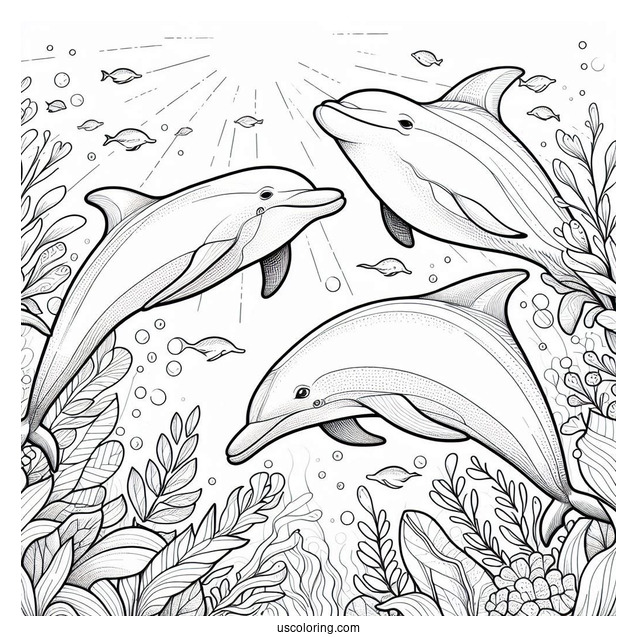 Pod Of Dolphins Underwater Coloring Page