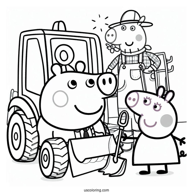 Mr Bull In Digger Being Helped By Peppa And George