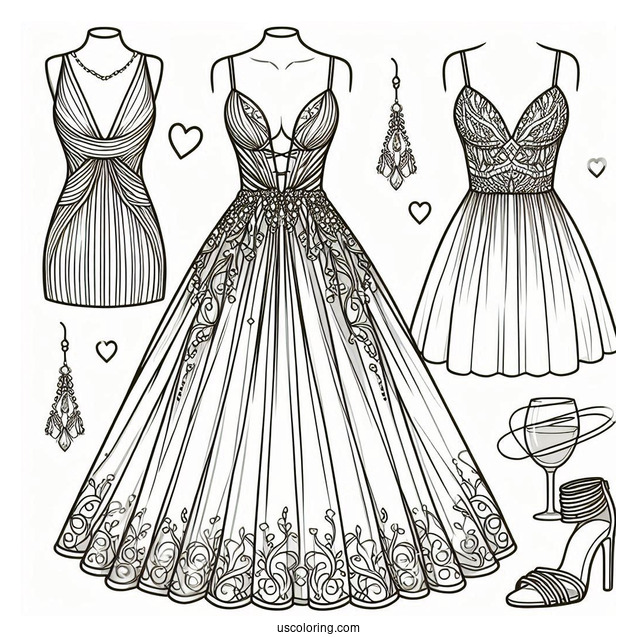 Strappy Plunging Dress Coloring Page With Large Skirt