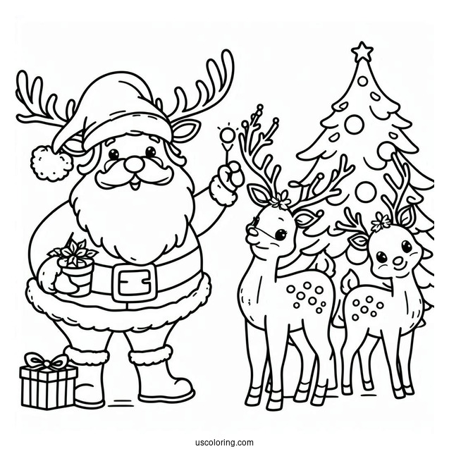Easy Santa And His Reindeer To Color For Preschoolers