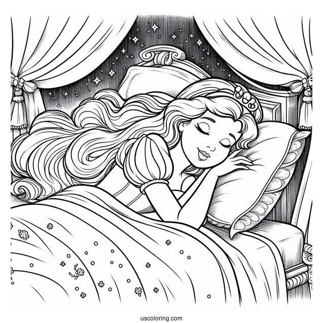 Sleeping Beauty Asleep In Bed Coloring Page