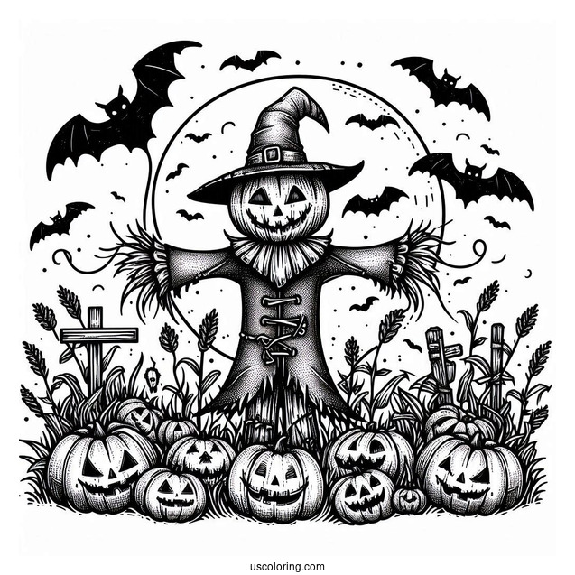 Scary Scarecrow Coloring Page Surrounded By Jack O Lanterns And Bats