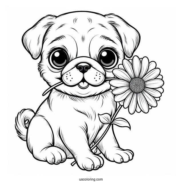 Pug Puppy Holding Flower In Mouth To Color