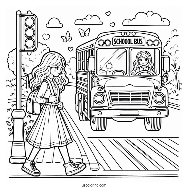 School Bus Coloring Page Waiting For Kids To Cross The Street