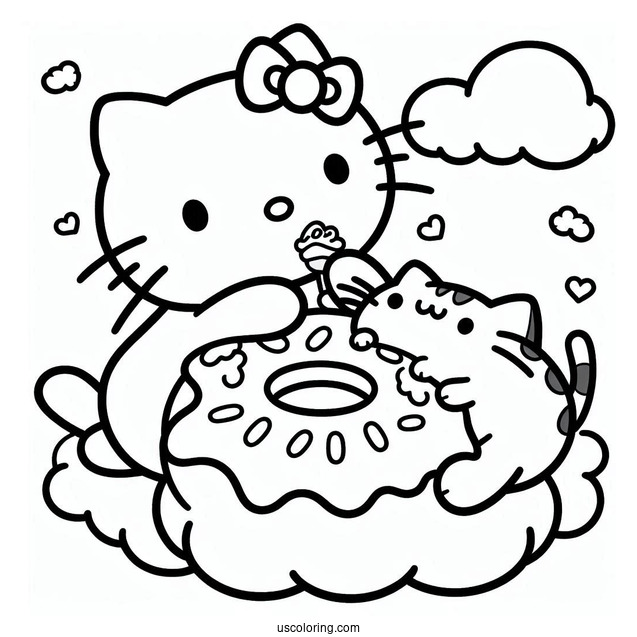 Hello Kitty And Pusheen Eating Donut On Clouds