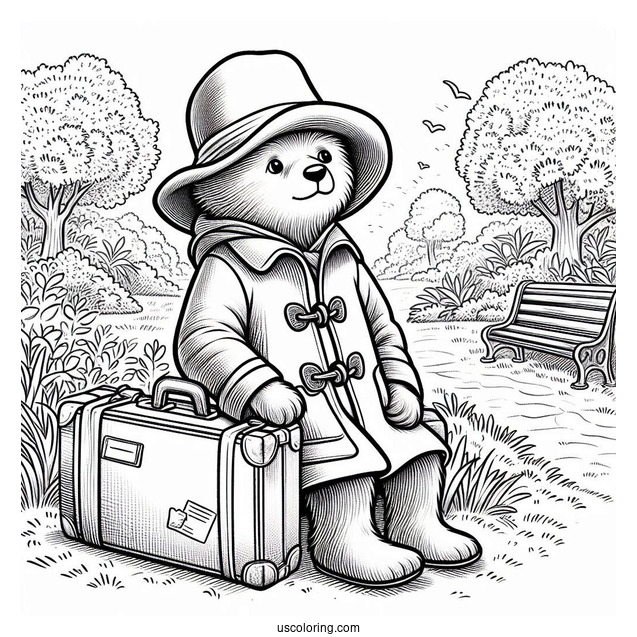 Simple Paddington Coloring Page Sitting On His Suitcase In The Park For Preschoolers