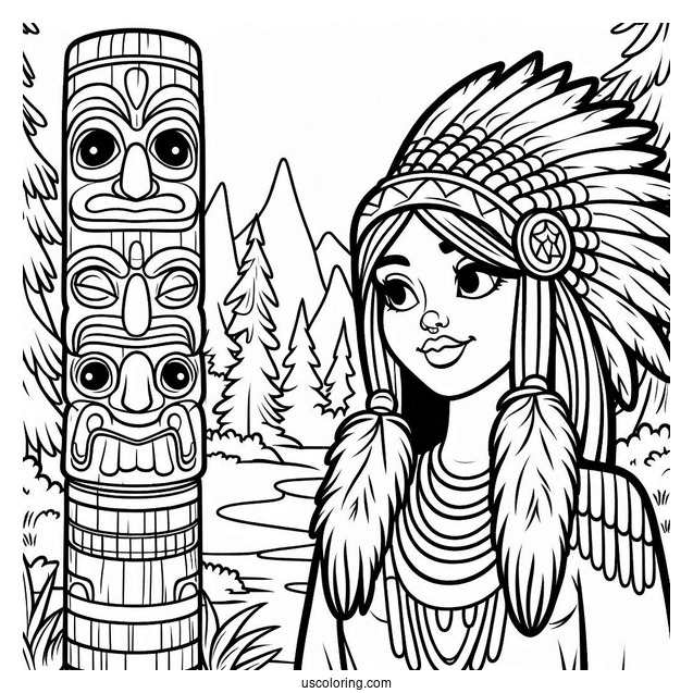 Cartoon Native American Coloring Page Women Beside Totem Pole