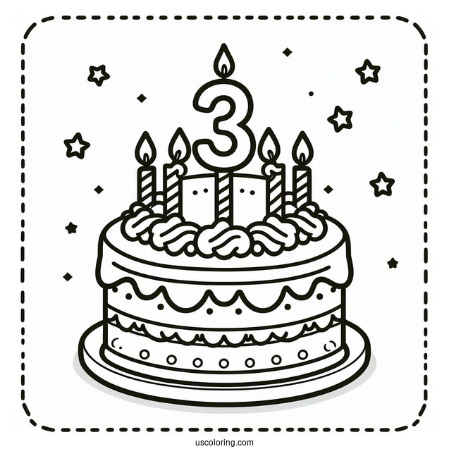 Third Birthday Cake Coloring Page For Preschoolers