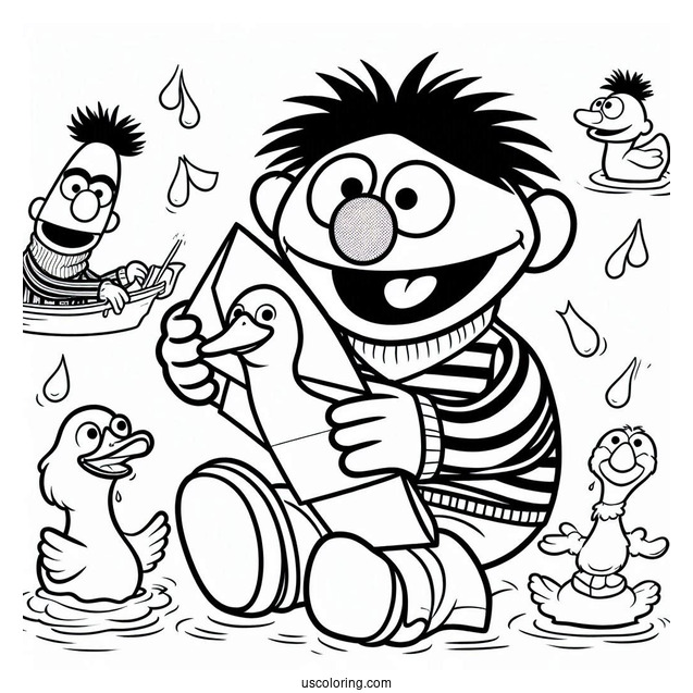 Ernie Holding Paper Ducks Coloring Sheet