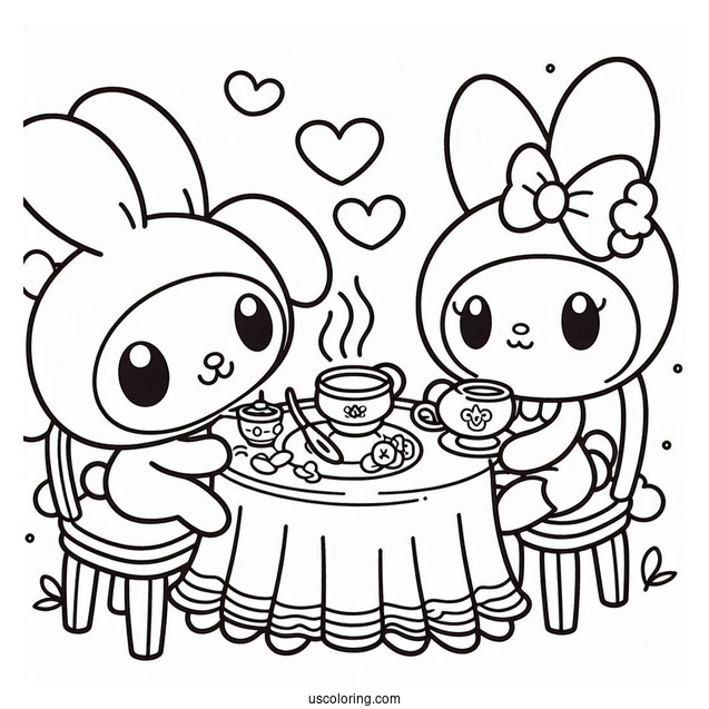 My Melody Coloring Page Having Tea With Flat And Risu