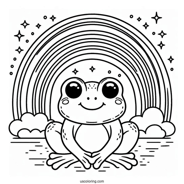 Smiling Frog Sitting Below A Rainbow Coloring Page