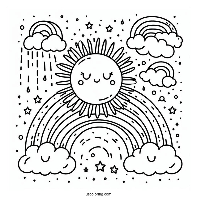 Large Sun With Rainbow And Clouds To Color