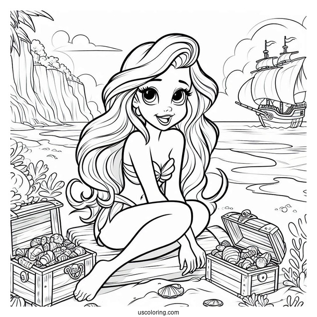 Palace Pets Coloring Page Of Ariel At The Beach With Treasure