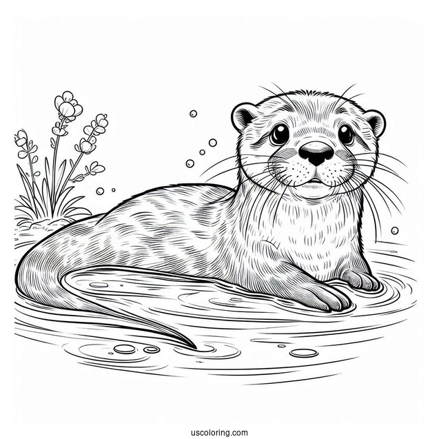 Realistic Otter Coloring Page Floating On River