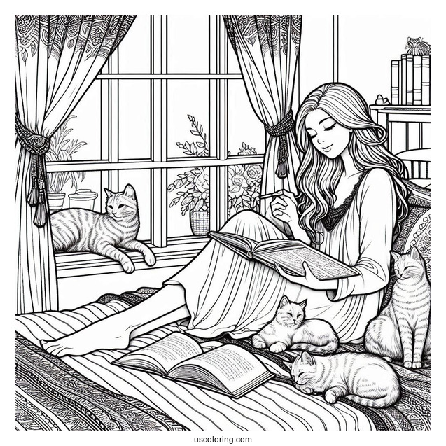 Bedroom Coloring Page Realistic Woman Reading On Her Bed With Cats