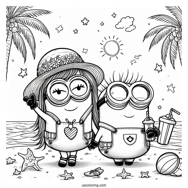 Cute Minion At The Beach Coloring Page For Kids