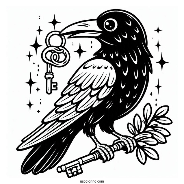 Easy Raven Coloring Page Carrying A Shiny Key For Kids