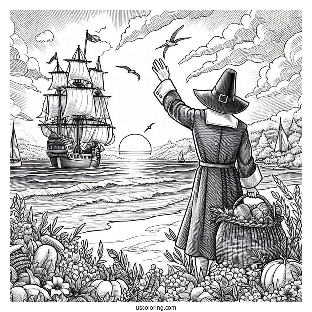 Realistic Pilgrim Coloring Page On The Shore With Ship In The Background