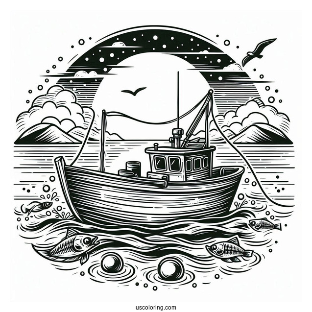Large Fishing Coloring Page Boat In The Middle Of The Sea